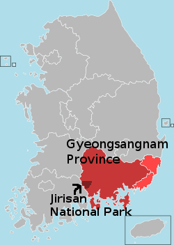 Gyeongsangnam Province is in the southeastern corner of South Korea, and Jirisan National Park is at the western edge of the province - in fact, it straddles the border with Jeollanam Province.